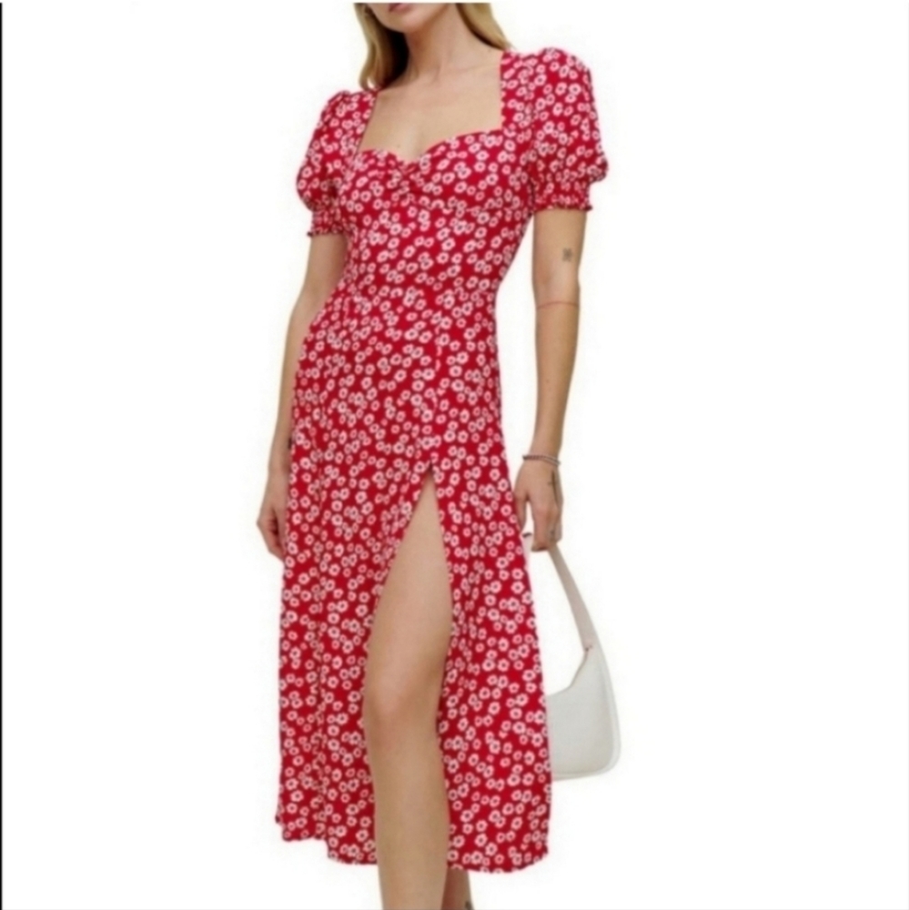 Reformation Jenna Red lacey Floral Midi dress size 8